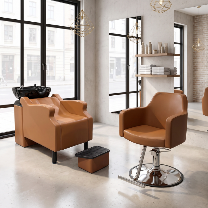 Salon Equipment Package – Lumina Shampoo Station & Halo Styling Chair in Camel - MDI Salon Equipment