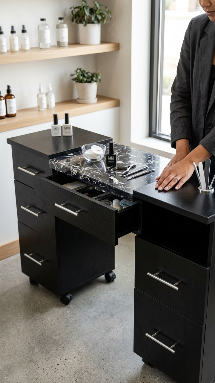 Black Nakfa Nail Technician Table with Central Granite Surface - MDI Salon Equipment