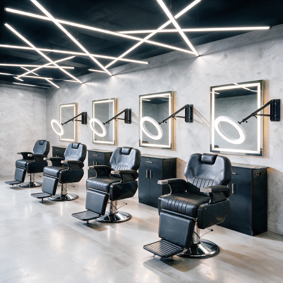 Four-station barbershop package with Millapp barber chairs, Petra stations, Monaco LED mirrors and wall-mounted ring lights