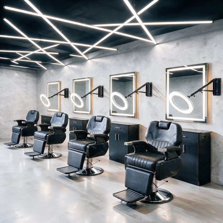 Four-station barbershop package with Millapp barber chairs, Petra stations, Monaco LED mirrors and wall-mounted ring lights