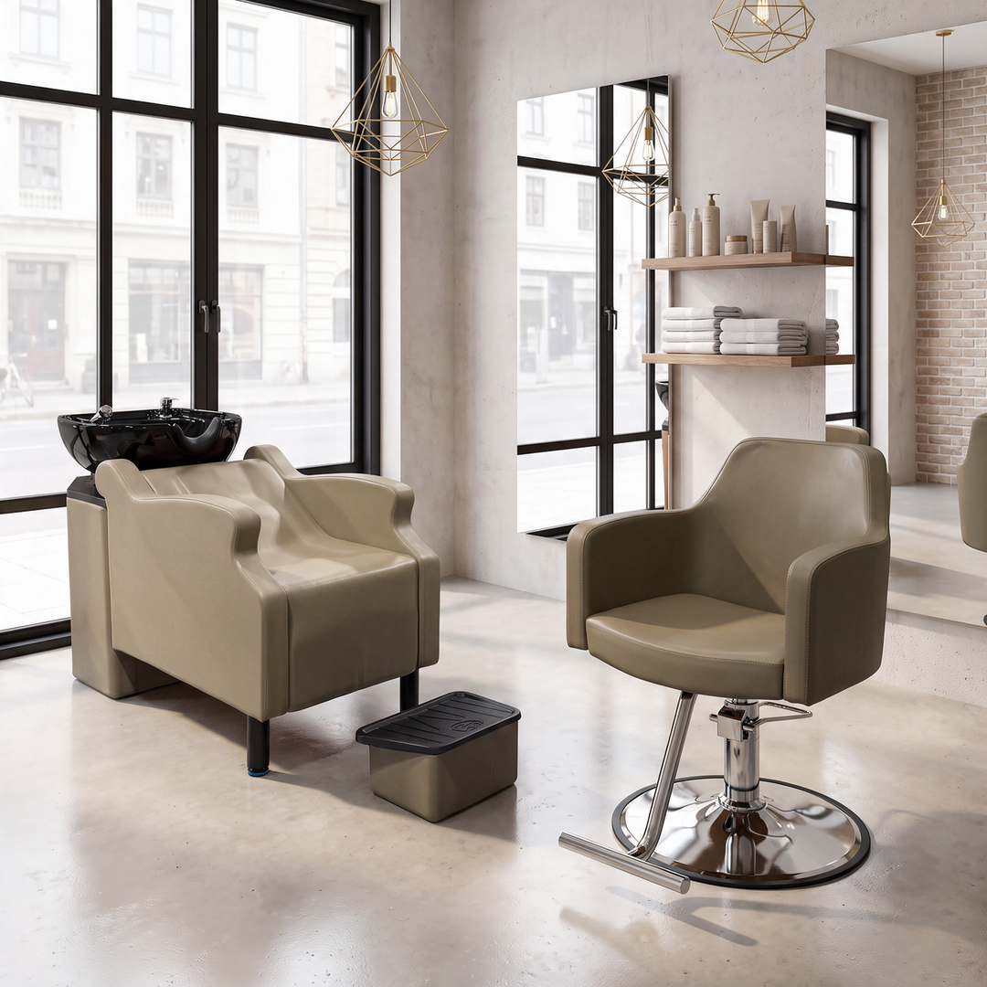Salon Equipment Package – Lumina Shampoo Station & Halo Styling Chair in Saddle - MDI Salon Equipment
