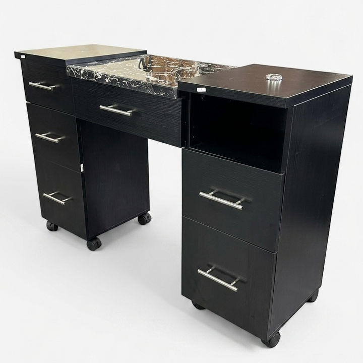 Black Nakfa Nail Technician Table with Central Granite Surface - MDI Salon Equipment